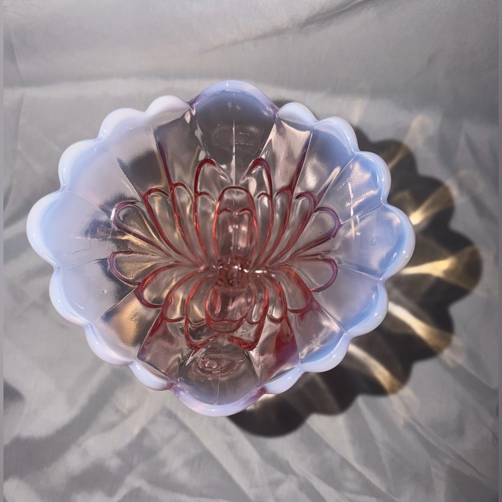 Pink Opalescent Glass Vase, Decorative, Scalloped Rim, Pedestal Base, 6.5" Tall - Picture 5 of 13